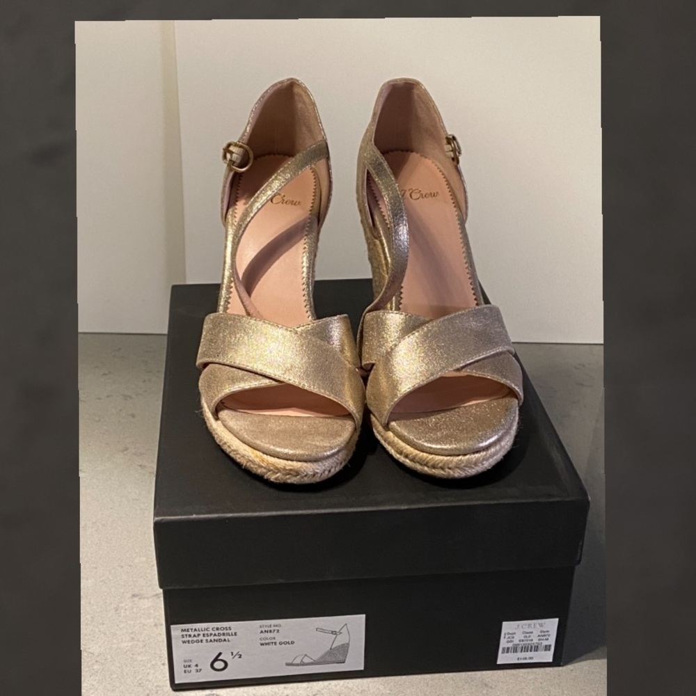 J. crew Gold metallic  cross strap espadrille wedge sandal